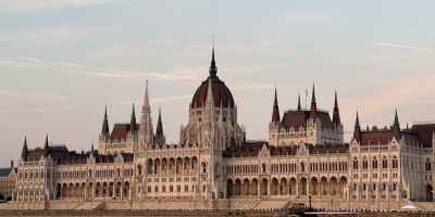 hungarian parliament building at sunset in budapest